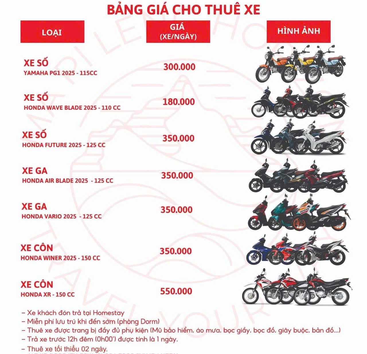 Bảng giá cho thuê xe máy tại Hà Giang